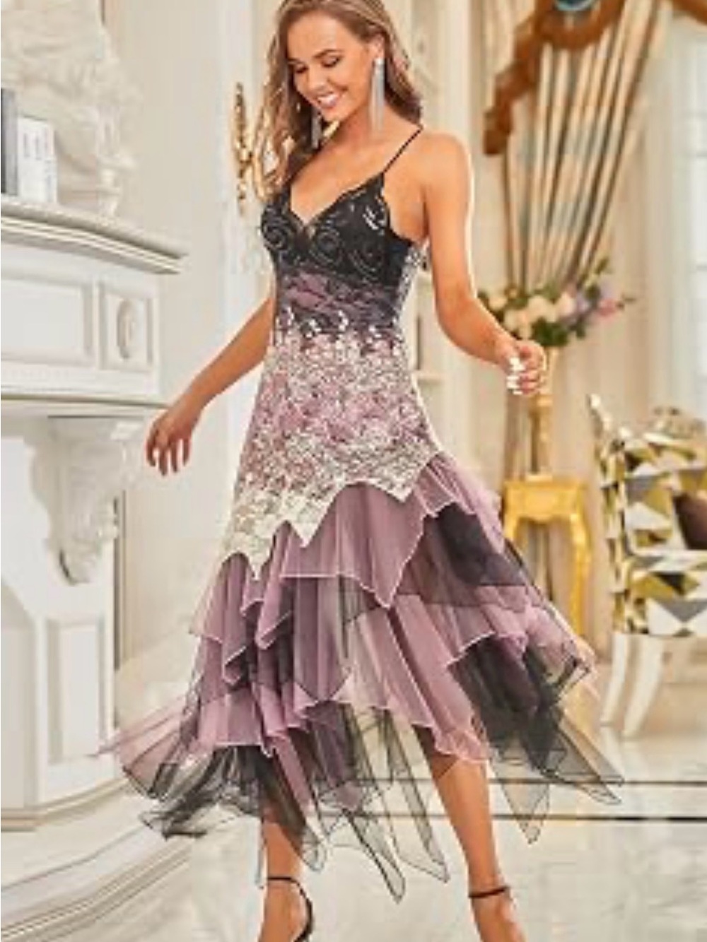 Ever Pretty Lavender and Black Tiered Lace High-Low Dress